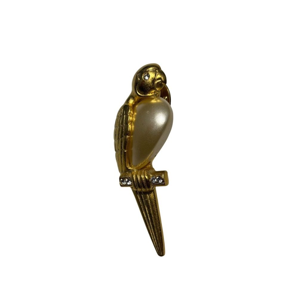 Vintage JJ Gold Tone Faux Pearl Belly Rhinestone Accent Parrot Bird Brooch Pin